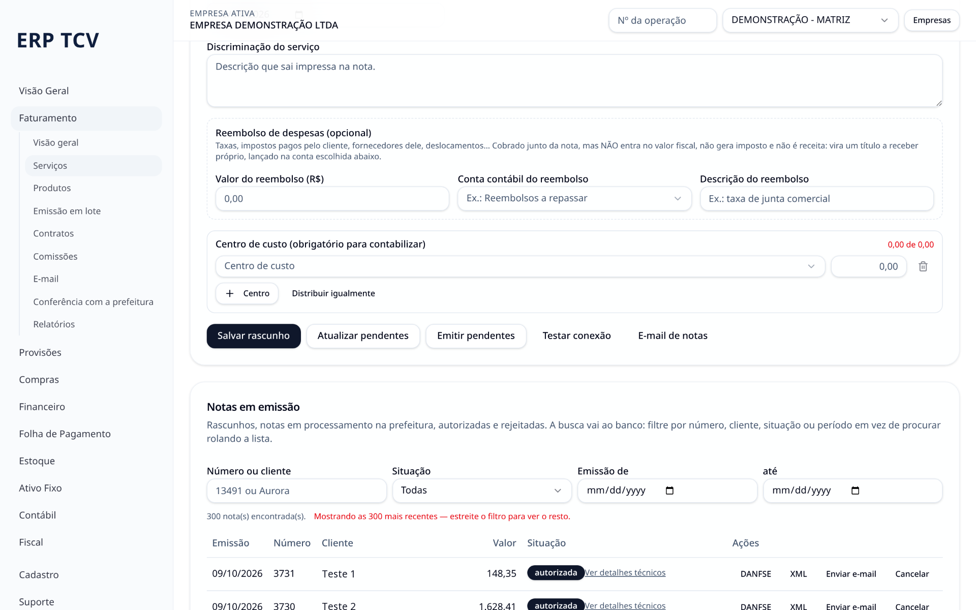 Tela Faturamento · Serviços do ERP-TCV