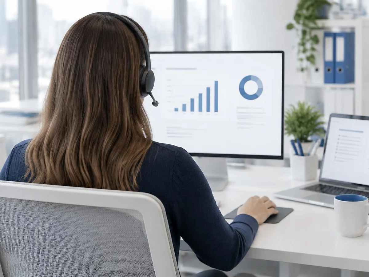Profissional de costas com fone de ouvido diante de monitor em escritório claro.