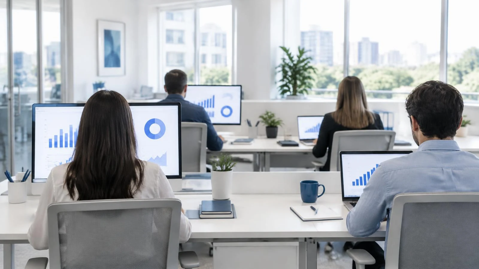 Equipe vista de costas trabalhando em bancadas brancas de um escritório iluminado.
