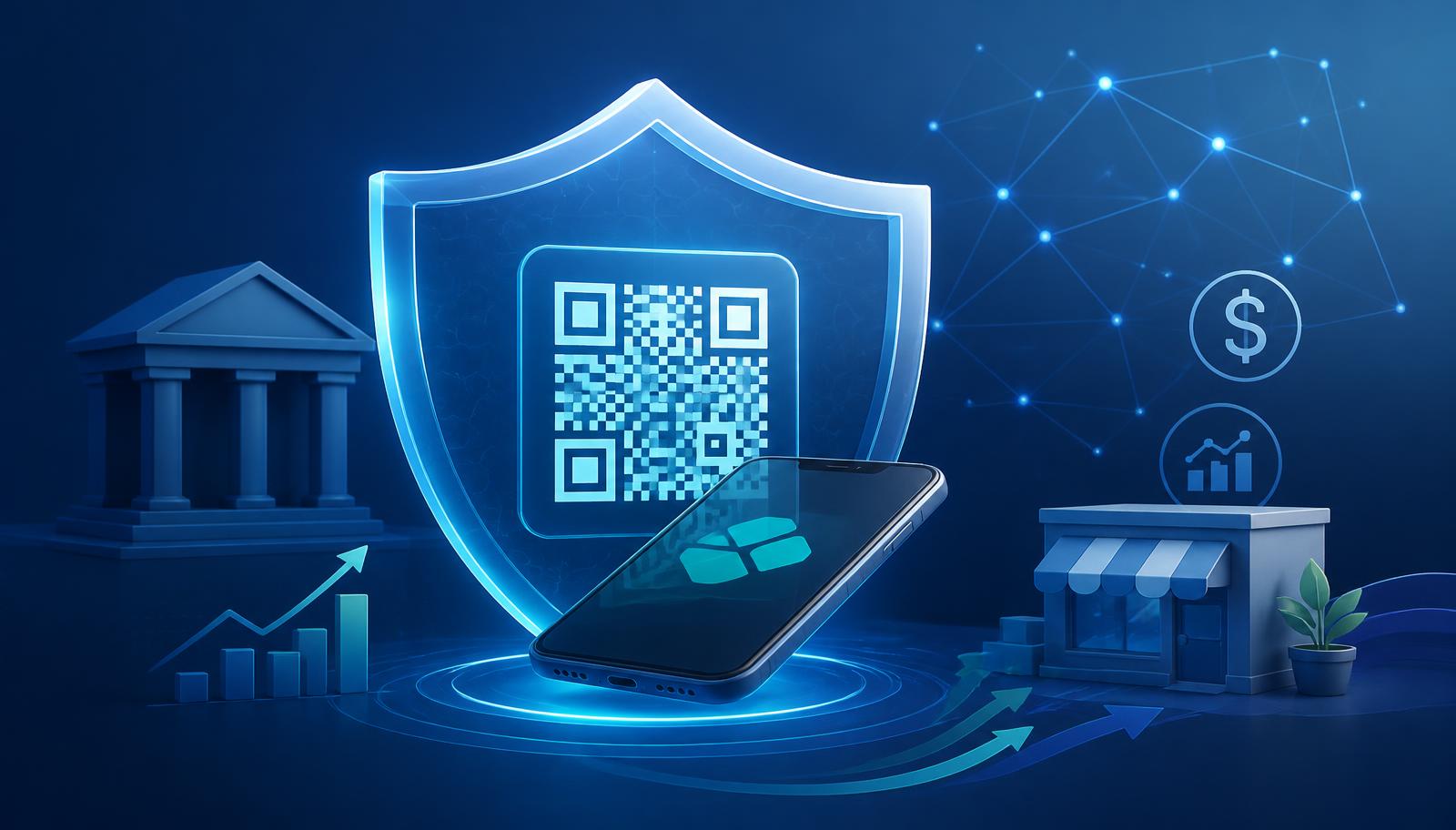 Ilustração de escudo digital protegendo QR code e smartphone, representando segurança no Pix para empresas